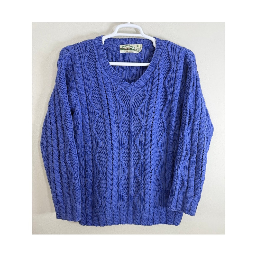 Aran Crafts Wool Cable Knit Sweater Womens M Periwinkle Blue Crew Neck Fisherman